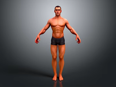 Muscular Male Character 3D Render Standing in Black Shorts with Arms Extended 3d model
