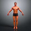 Muscular Male Character 3D Render Standing in Black Shorts with Arms Extended