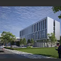 Modern Industrial Factory Building With Glass Curtain Walls Trees And Green Lawn