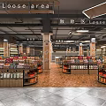 Spacious Supermarket Interior with Loose Items Area and Shelves Full of Various Grocery Products