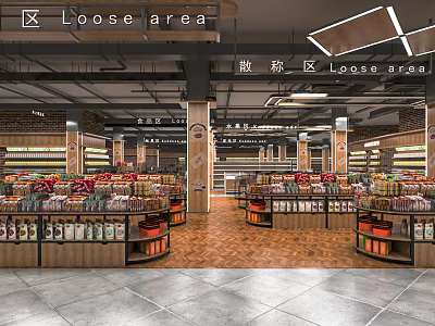Spacious Supermarket Interior with Loose Items Area and Shelves Full of Various Grocery Products 3d model