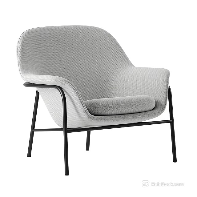 Gray Upholstered Leisure Chair With Curved Backrest And Black Metal Frame 3d model 