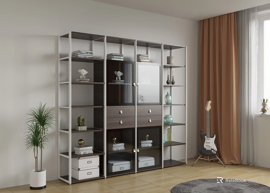 Modern Storage Shelving Unit With Multiple Shelves Cabinet Doors Books Decorative Items And Potted Plant 3d model 