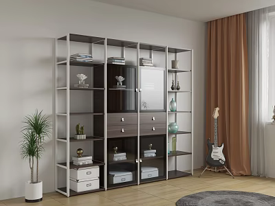 Modern Storage Shelving Unit With Multiple Shelves Cabinet Doors Books Decorative Items And Potted Plant 3d model