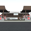 Modern Gas Station Design With Brown Canopy Fuel Pumps Building And Trees