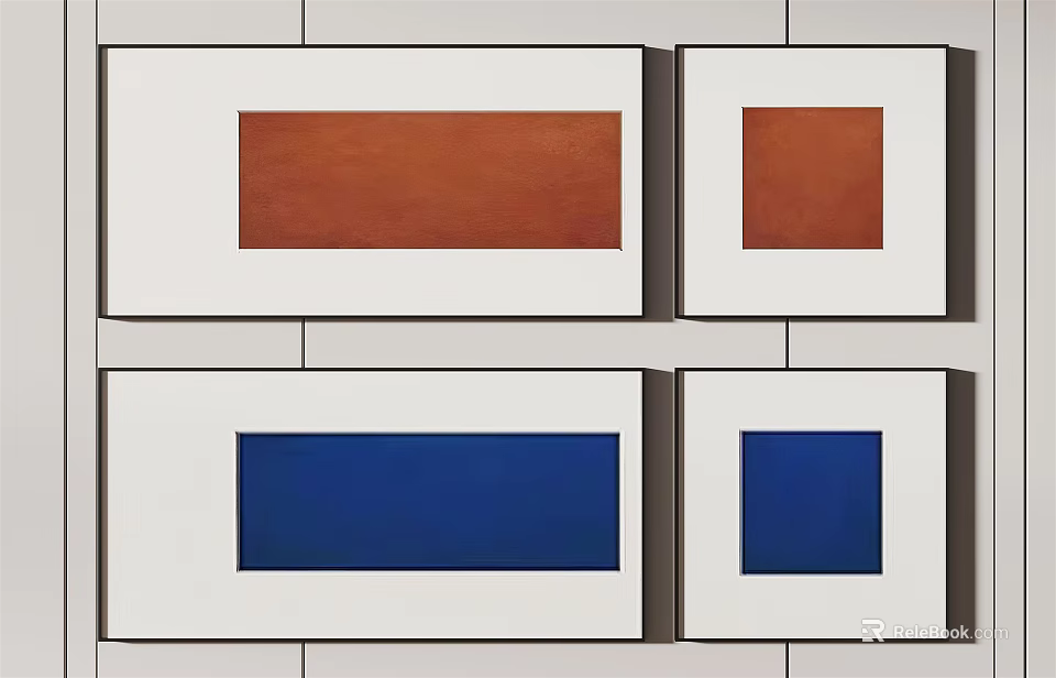 Abstract Artwork With Red Blue Rectangles In White Frames On Gray Wall 3d model