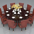Round Dining Table Set With Eight Red Leather Chairs And White Tableware Yellow Flower Arrangement 3d model