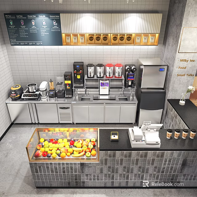 Bubble Tea Shop Interior With Fresh Fruit Display Stainless Steel Workstations And Beverage Machines 3d model 