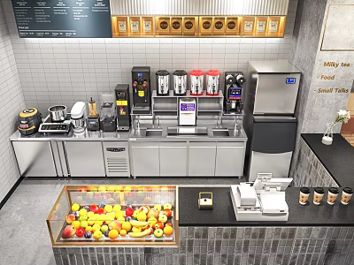 Bubble Tea Shop Interior With Fresh Fruit Display Stainless Steel Workstations And Beverage Machines 3d model