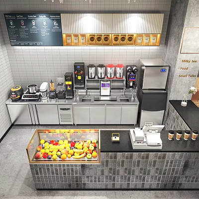 Bubble Tea Shop Interior With Fresh Fruit Display Stainless Steel Workstations And Beverage Machines 3d model