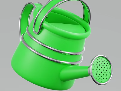 Stylish Green Garden Watering Can With Silver Metal Rings And Perforated Spout 3d model