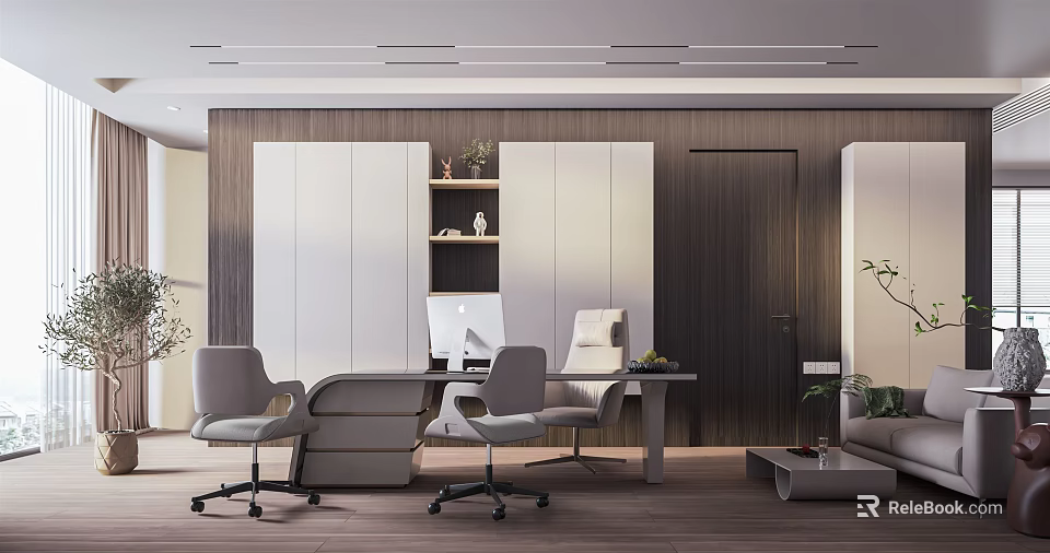 Modern Office Interior Design With Wooden Walls Desk Chair Computer And Green Plants 3d model 