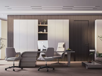 Modern Office Interior Design With Wooden Walls Desk Chair Computer And Green Plants 3d model