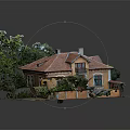 Cartoon Scene Of Yellow House With Red Roof Surrounded By Green Trees And Lush Plants