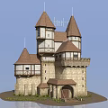 Medieval Castle Architecture With Spired Towers Stone Walls And Courtyard Vegetation