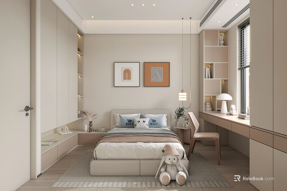 Modern Minimalist Kids Room Interior With Bed Pillows Teddy Bear Desk Chair Shelves And Wall Artworks 3d model 