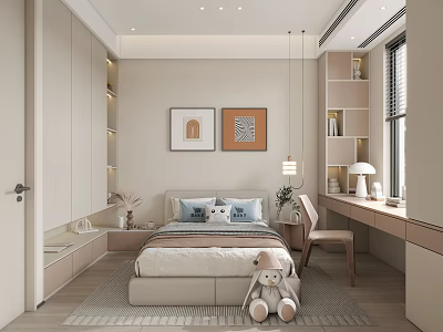 Modern Minimalist Kids Room Interior With Bed Pillows Teddy Bear Desk Chair Shelves And Wall Artworks 3d model
