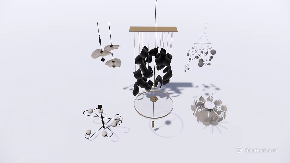 Modern Chandeliers Featuring Various Geometric Shapes In Black And Silver 3d model
