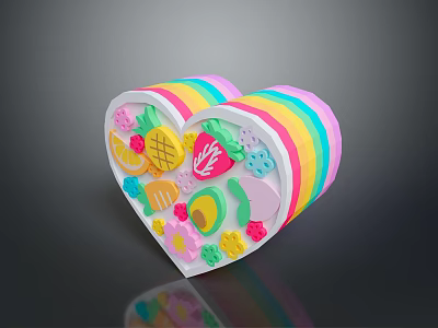Heart Shaped Colorful Striped Food Art With Fruit And Flower Decorations 3d model