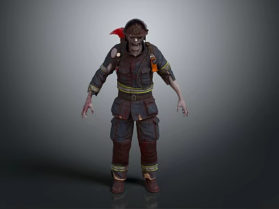Zombie Firefighter Character With Tattered Uniform Red Helmet And Yellow Stripes 3d model