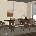 Quiet Wind Dining Table and Chair Combination Long Table and Chair Solid Wood Dining Table and Chair Chandelier 3d model