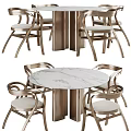 Round Marble Tabletop Dining Table Set With Metal Frame Chairs And Light Colored Cushions 3d model