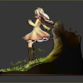 Anime Female Character Figurine With Green Grass Base Rock Pink Dress Rabbit Ears Brown Boots