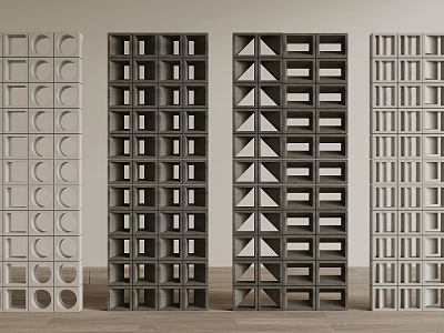 Stylish Concrete Room Dividers With Different Geometric Patterns Gray White Colors On Wooden Floor 3d model