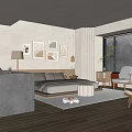Modern Minimalist Bedroom Interior With Decorative Paintings Wooden Floor And Potted Plant Window Blinds