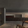 Modern Restaurant Interior With Gray Walls Wooden Cabinets Vase Warm Lighting And Tile Floor