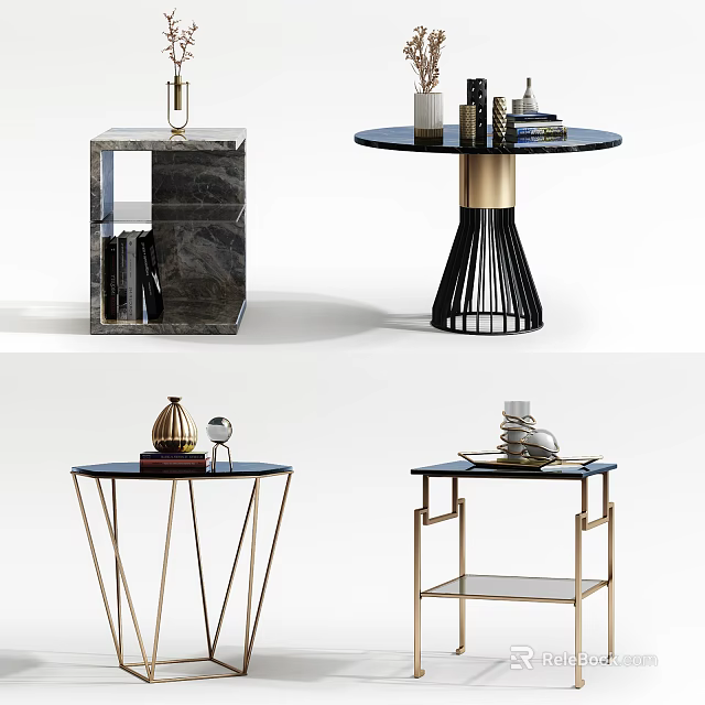 Modern Decorative Side Tables With Marble Tops And Geometric Metal Bases For Living Room 3d model 