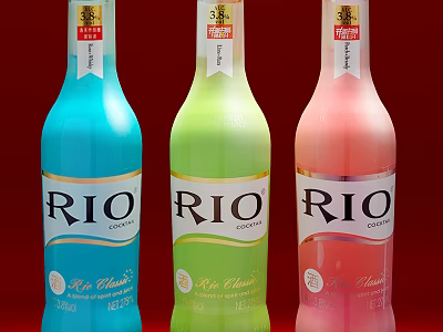 RIO Classic Cocktail Bottles in Blue Green Pink Colors on Red Background 3d model