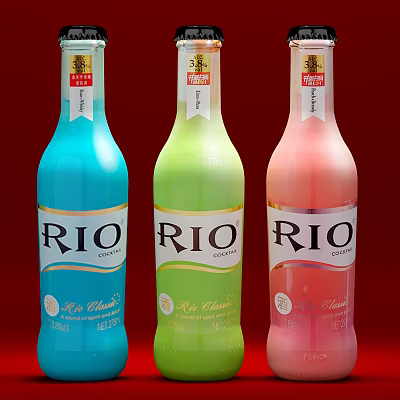 RIO Classic Cocktail Bottles in Blue Green Pink Colors on Red Background 3d model