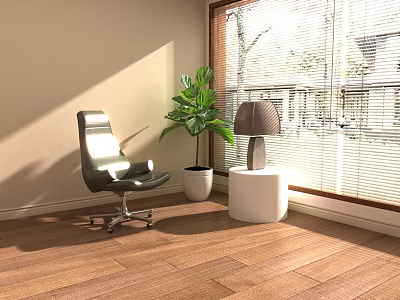 Bright Room Interior With Gray Office Chair Green Plant White Side Table And Wooden Floor 3d model