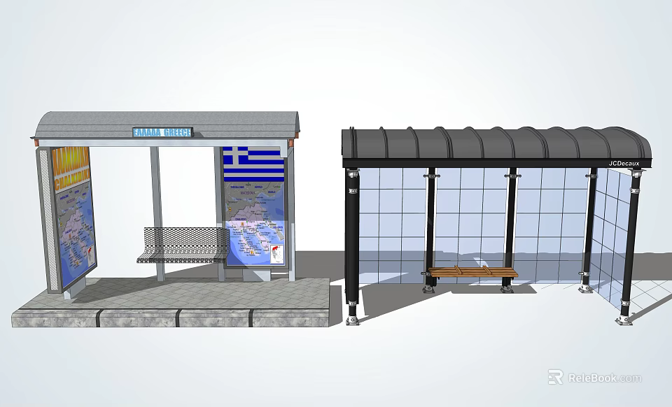 Bus Stop With Map Bench Black Roof Glass Enclosure And Wooden Bench 3d model 