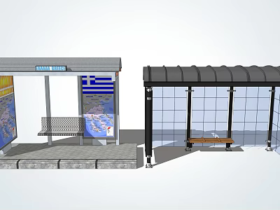 Bus Stop With Map Bench Black Roof Glass Enclosure And Wooden Bench 3d model
