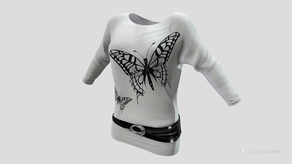 White Long Sleeve Top With Black Butterfly Print And Black Belt 3d model 