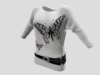 White Long Sleeve Top With Black Butterfly Print And Black Belt 3d model