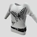 White Long Sleeve Top With Black Butterfly Print And Black Belt