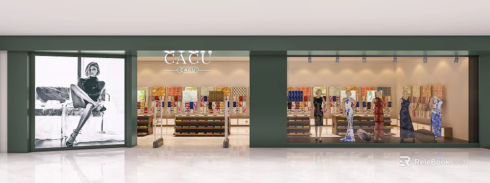 Modern Bright CACU Boutique Clothing Store With Fashion Mannequins And Neat Fabric Displays 3d model 