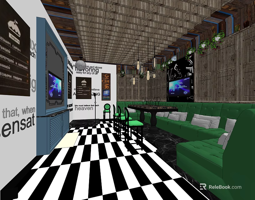 KTV Interior With Green Sofas Black White Checkered Floor TV Screens And Wooden Ceiling 3d model 