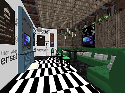 KTV Interior With Green Sofas Black White Checkered Floor TV Screens And Wooden Ceiling 3d model