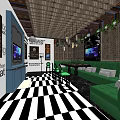 KTV Interior With Green Sofas Black White Checkered Floor TV Screens And Wooden Ceiling
