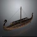 Ancient Viking Wooden Ship With Dragon Head Prow And Colorful Shield Decorations