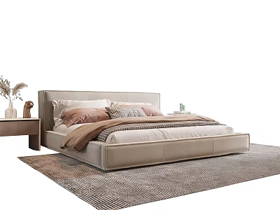Modern Double Bed with Upholstered Headboard Pillows Blanket and Nightstand Vase with Dried Flowers 3d model