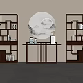 Chinese Style Interior With Wooden Shelves Circular Mirror Vases And Books