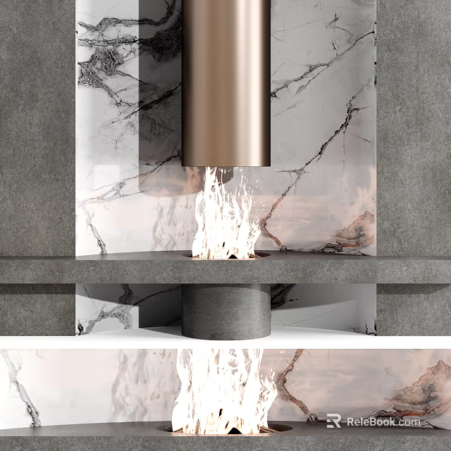 Modern Fireplace Interior Design with Marble Background Gray Walls and Burning Flames 3d model 