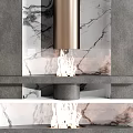 Modern Fireplace Interior Design with Marble Background Gray Walls and Burning Flames
