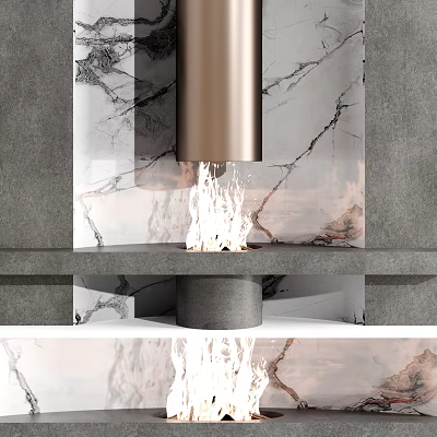 Modern Fireplace Interior Design with Marble Background Gray Walls and Burning Flames 3d model