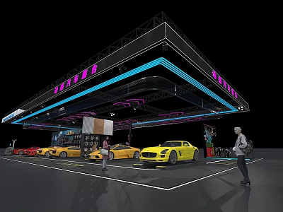 Modern Luxury Car Exhibition Hall Featuring Yellow Sports Cars Purple Blue Lighting And Visitors 3d model